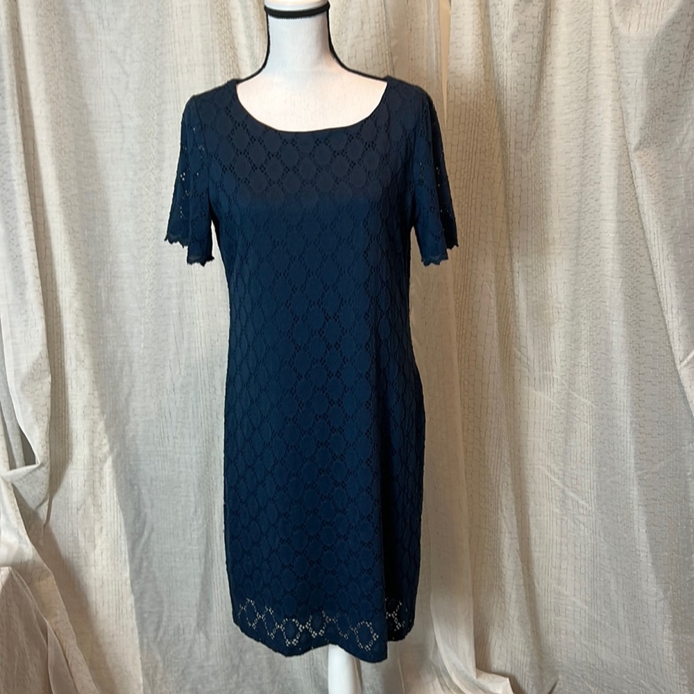 Tacera Navy Blue Lace Short-Sleeve Shift Dress